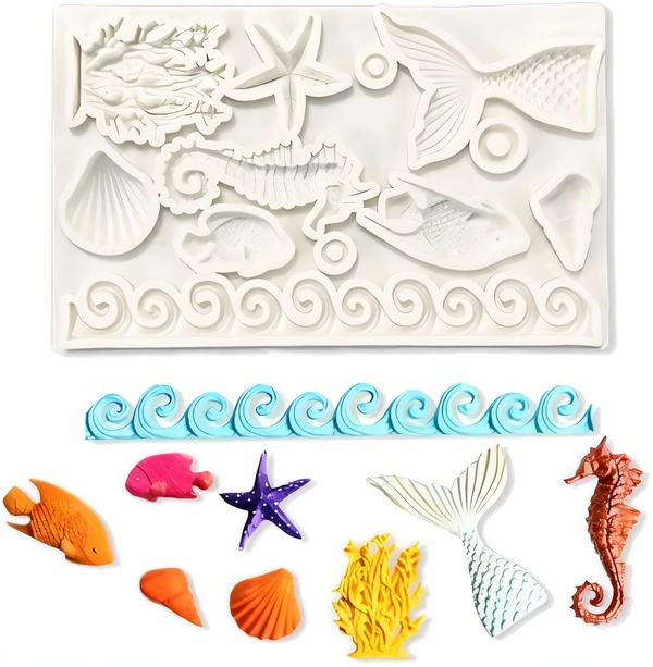 The Baking Curv Fondant Mold, 3D Ocean Animal Silicone Mermaid Mold, Seahorse, Seaweed, Shell, Decorative, Silicone Molding