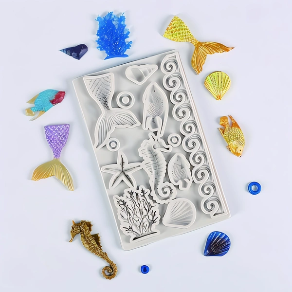 The Baking Curv Fondant Mold, 3D Ocean Animal Silicone Mermaid Mold, Seahorse, Seaweed, Shell, Decorative, Silicone Molding