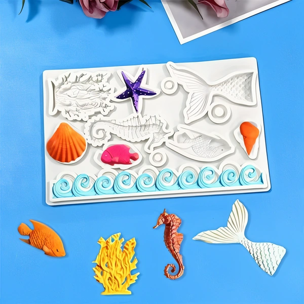 The Baking Curv Fondant Mold, 3D Ocean Animal Silicone Mermaid Mold, Seahorse, Seaweed, Shell, Decorative, Silicone Molding