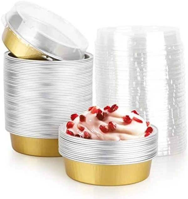 Beta Round Foil Bake & Serve with Lid – Oven-Safe, Disposable, With Dome Lid | The Baking Curv - Golden, Pack Of 50