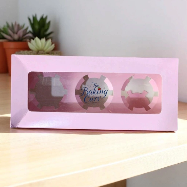 The Baking Curv 3 Cavity Cup Cake Box - Pink, Pack Of 10