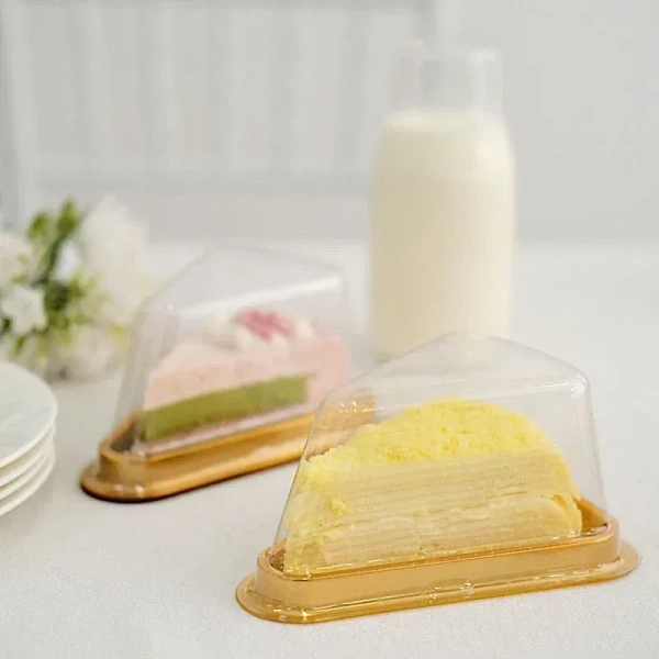 The Baking Curv Triangle Pastry Container | Clear Hinged Plastic Clamshell for Cake or Pie Slices - Golden, Pack Of 10