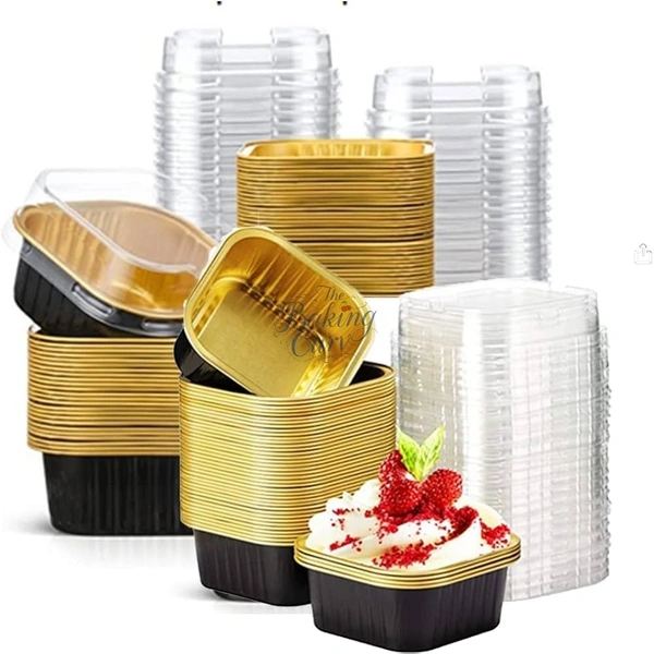 The Baking Curv Rectangle & Square Foil Containers with Lid 3x3 – Multipurpose, Disposable, Leakproof Aluminum Trays for Baking, Storage & Takeaway - 4x4, Black, Pack Of 25