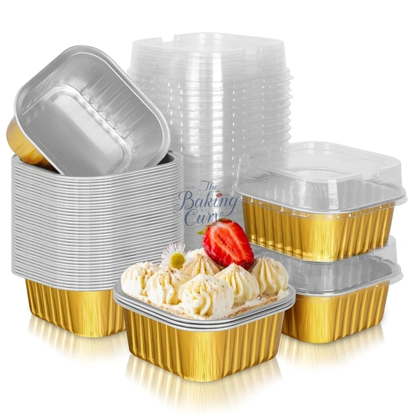 The Baking Curv Rectangle & Square Foil Containers with Lid 3x3 – Multipurpose, Disposable, Leakproof Aluminum Trays for Baking, Storage & Takeaway - 4x4, Black, Pack Of 25