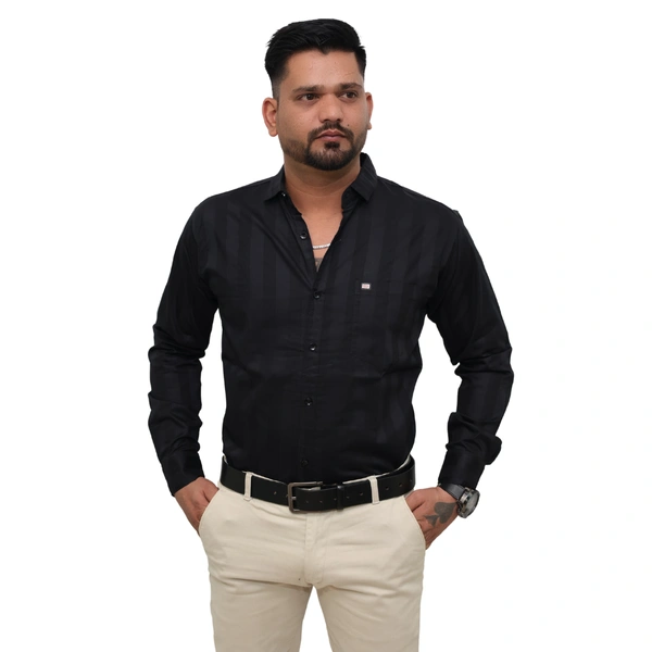 Look Me Apparel Men Black Self-Striped Shirt | Smart Fit | Full Sleeve | Formal & Casual | Premium Cotton Blend - L, Black