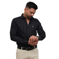 Look Me Apparel Men Black Self-Striped Shirt | Smart Fit | Full Sleeve | Formal & Casual | Premium Cotton Blend - L, Black