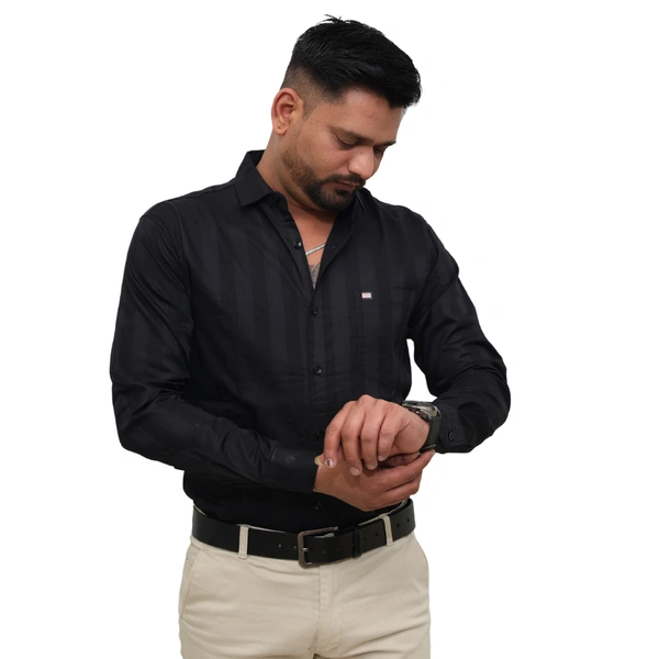Look Me Apparel Men Black Self-Striped Shirt | Smart Fit | Full Sleeve | Formal & Casual | Premium Cotton Blend - L, Black