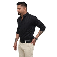 Look Me Apparel Men Black Self-Striped Shirt | Smart Fit | Full Sleeve | Formal & Casual | Premium Cotton Blend - L, Black