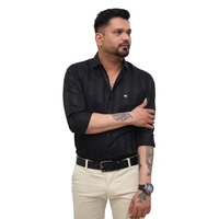 Look Me Apparel Men Black Self-Striped Shirt | Smart Fit | Full Sleeve | Formal & Casual | Premium Cotton Blend - L, Black