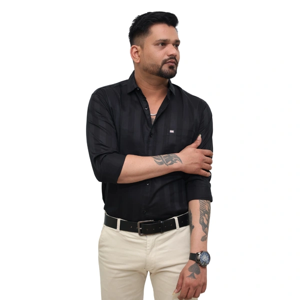 Look Me Apparel Men Black Self-Striped Shirt | Smart Fit | Full Sleeve | Formal & Casual | Premium Cotton Blend - L, Black