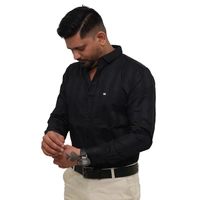 Look Me Apparel Men Black Self-Striped Shirt | Smart Fit | Full Sleeve | Formal & Casual | Premium Cotton Blend - L, Black