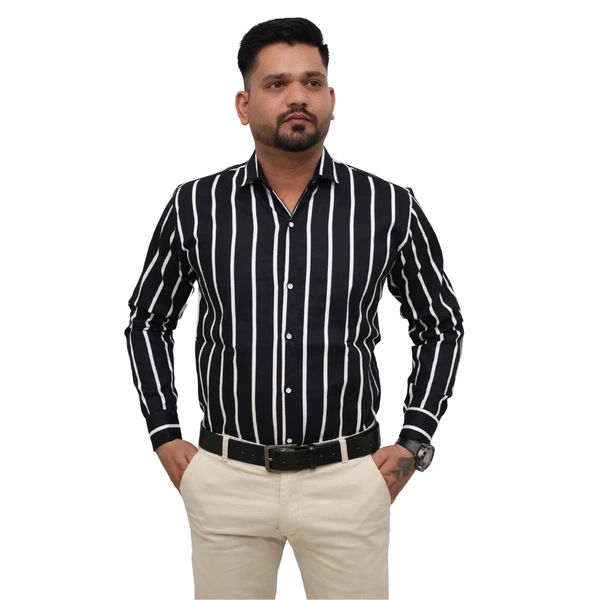 Look Me Apparel Men Black & White Striped Formal Shirt | Full Sleeve | Slim Fit | Office Wear | Cotton Blend - M, Black