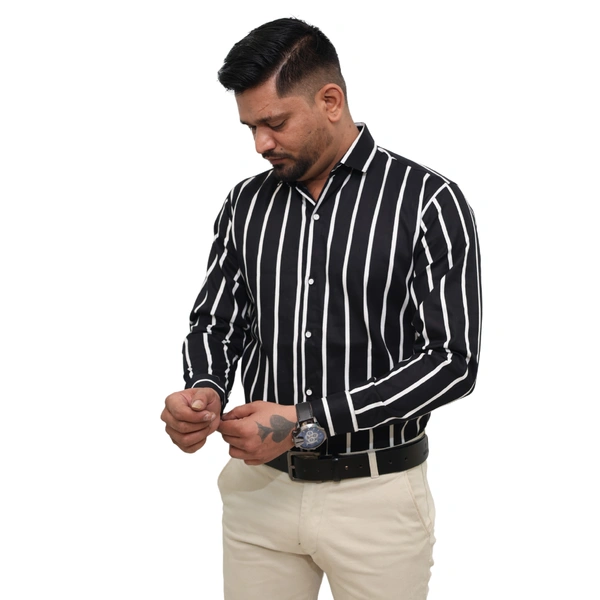 Look Me Apparel Men Black & White Striped Formal Shirt | Full Sleeve | Slim Fit | Office Wear | Cotton Blend - M, Black