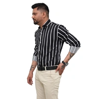 Look Me Apparel Men Black & White Striped Formal Shirt | Full Sleeve | Slim Fit | Office Wear | Cotton Blend - M, Black