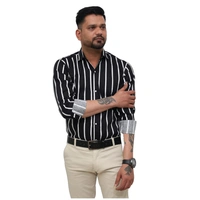 Look Me Apparel Men Black & White Striped Formal Shirt | Full Sleeve | Slim Fit | Office Wear | Cotton Blend - M, Black