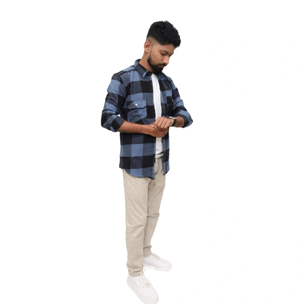 Look Me Apparel Men Blue & Black Checked Shirt | Full Sleeve | Casual Fit | Brushed Cotton Flannel - XL, Blue::Black