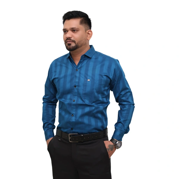 Look Me Apparel Men Blue Self-Striped Shirt | Premium Cotton Blend | Full Sleeve | Smart Fit | Office & Party Wear - M, Blue