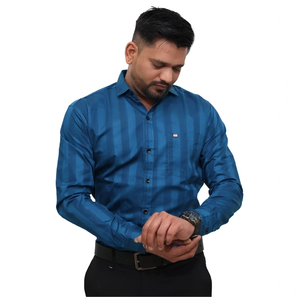 Look Me Apparel Men Blue Self-Striped Shirt | Premium Cotton Blend | Full Sleeve | Smart Fit | Office & Party Wear - M, Blue