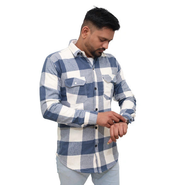 Look Me Apparel Men Blue & White Checked Shirt | Full Sleeve | Casual Fit | Soft Cotton Flannel - L, Blue::White