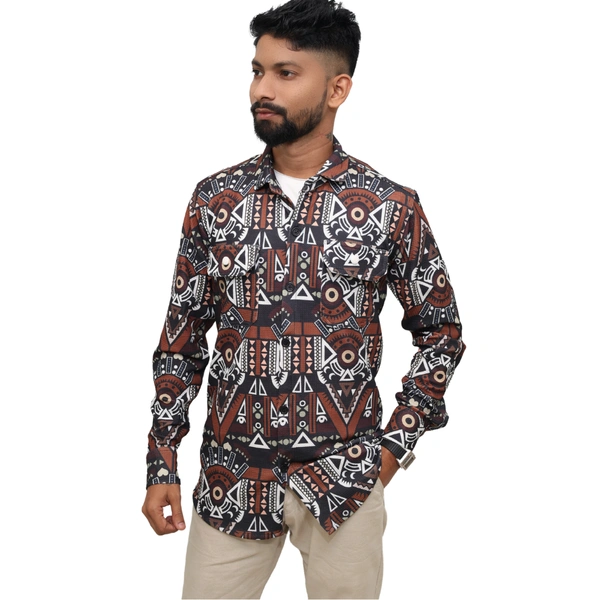 Look Me Apparel Men Brown Tribal Printed Shirt | Full Sleeve | Two Chest Pockets | Casual Fit | Cotton Blend - XL, Multicolor