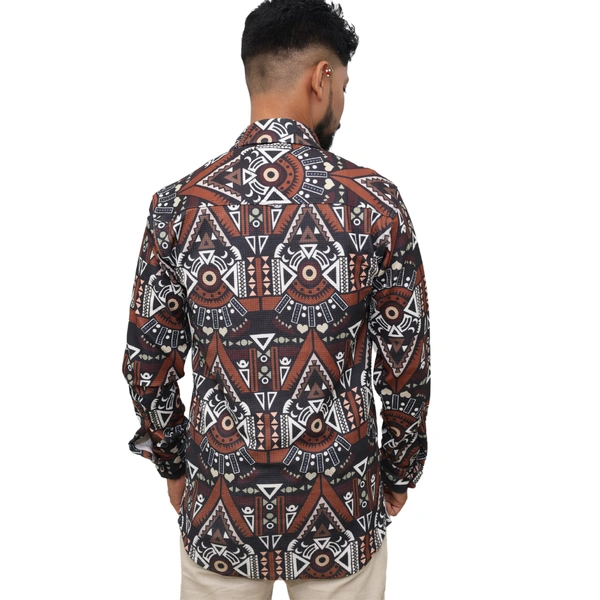 Look Me Apparel Men Brown Tribal Printed Shirt | Full Sleeve | Two Chest Pockets | Casual Fit | Cotton Blend - XL, Multicolor