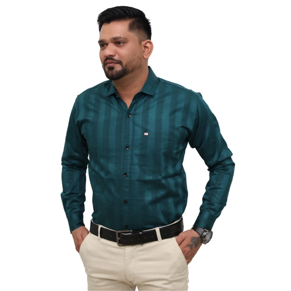 Look Me Apparel Men Dark Green Self-Striped Shirt | Full Sleeve | Smart Fit | Formal & Casual | Soft Cotton Blend - M, Green