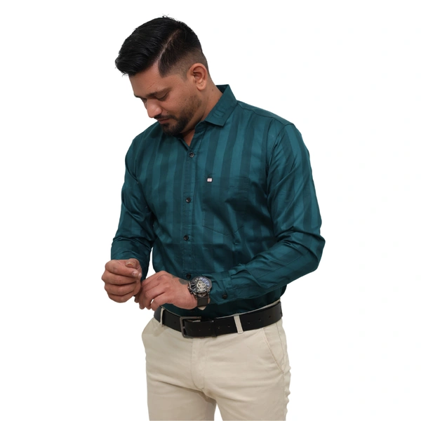 Look Me Apparel Men Dark Green Self-Striped Shirt | Full Sleeve | Smart Fit | Formal & Casual | Soft Cotton Blend - M, Green