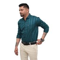 Look Me Apparel Men Dark Green Self-Striped Shirt | Full Sleeve | Smart Fit | Formal & Casual | Soft Cotton Blend - M, Green