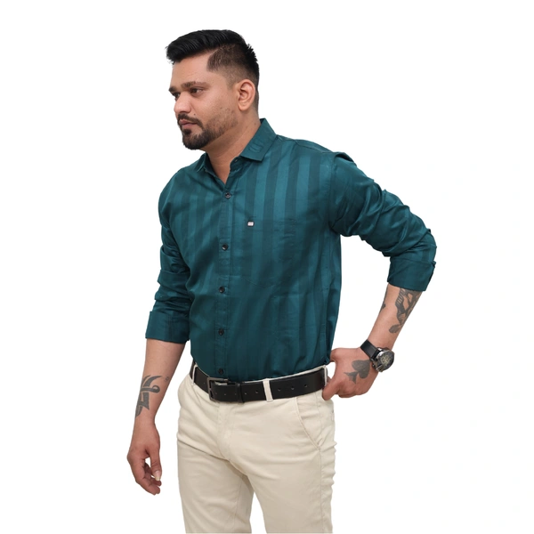 Look Me Apparel Men Dark Green Self-Striped Shirt | Full Sleeve | Smart Fit | Formal & Casual | Soft Cotton Blend - M, Green