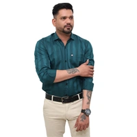 Look Me Apparel Men Dark Green Self-Striped Shirt | Full Sleeve | Smart Fit | Formal & Casual | Soft Cotton Blend - M, Green