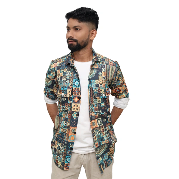 Look Me Apparel Men Multicolor Artistic Printed Shirt | Full Sleeve | Casual Fit | Festival & Party Wear - M, Multicolor