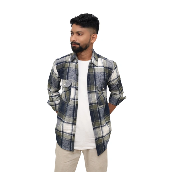 Look Me Apparel Men Multicolor Checked Shirt | Navy, Olive & White | Full Sleeve | Casual Fit | Cotton Flannel - XL, Green::White