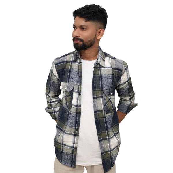 Look Me Apparel Men Multicolor Checked Shirt | Navy, Olive & White | Full Sleeve | Casual Fit | Cotton Flannel - XL, Green::White