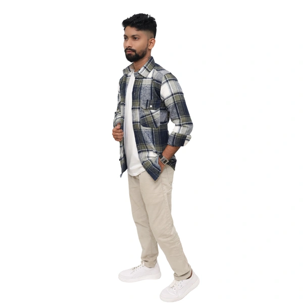 Look Me Apparel Men Multicolor Checked Shirt | Navy, Olive & White | Full Sleeve | Casual Fit | Cotton Flannel - XL, Green::White