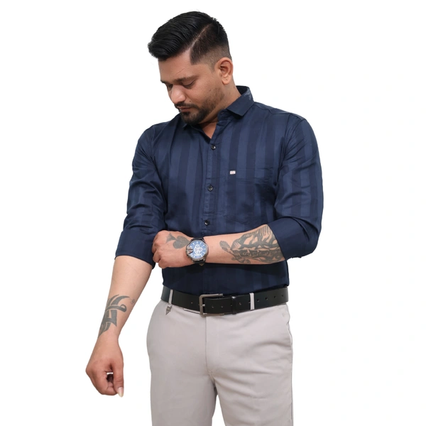 Look Me Apparel Men Navy Blue Self-Striped Shirt | Smart Fit | Full Sleeve | Cotton Blend | Formal & Party Wear Shirt - M, Blue