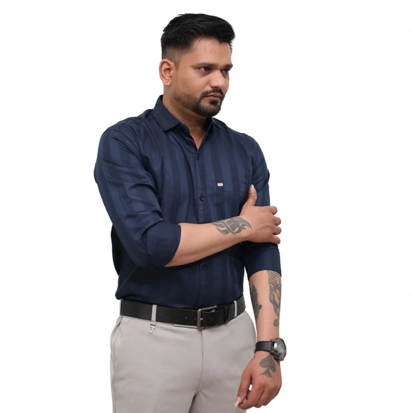 Look Me Apparel Men Navy Blue Self-Striped Shirt | Smart Fit | Full Sleeve | Cotton Blend | Formal & Party Wear Shirt - M, Blue