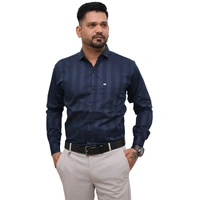 Look Me Apparel Men Navy Blue Self-Striped Shirt | Smart Fit | Full Sleeve | Cotton Blend | Formal & Party Wear Shirt - M, Blue