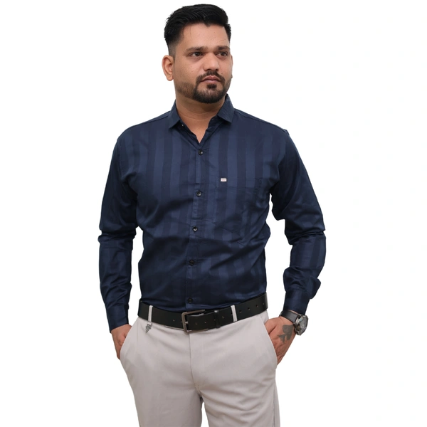Look Me Apparel Men Navy Blue Self-Striped Shirt | Smart Fit | Full Sleeve | Cotton Blend | Formal & Party Wear Shirt - M, Blue
