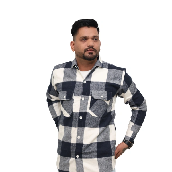 Look Me Apparel Men Navy Blue & White Checked Shirt | Full Sleeve | Casual Fit | Brushed Cotton Flannel - XL, Blue::White
