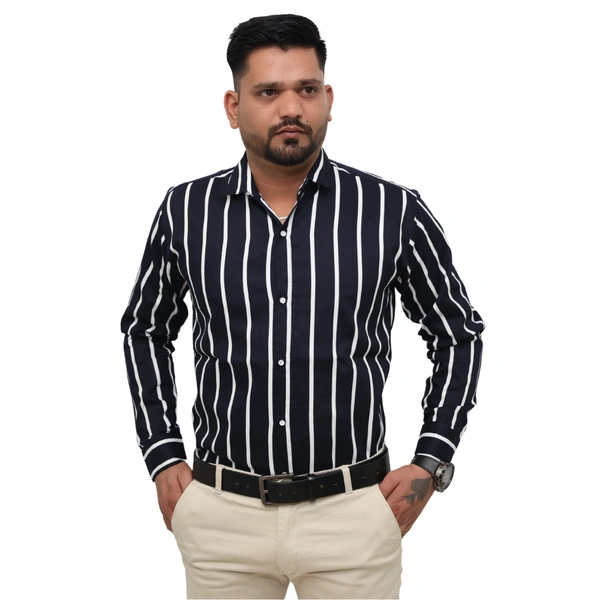 Look Me Apparel Men Navy Blue & White Striped Shirt | Full Sleeve | Slim Fit | Formal & Casual Wear | Cotton Blend - M, Blue