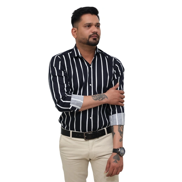 Look Me Apparel Men Navy Blue & White Striped Shirt | Full Sleeve | Slim Fit | Formal & Casual Wear | Cotton Blend - M, Blue