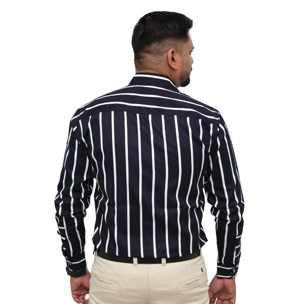 Look Me Apparel Men Navy Blue & White Striped Shirt | Full Sleeve | Slim Fit | Formal & Casual Wear | Cotton Blend - M, Blue