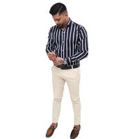 Look Me Apparel Men Navy Blue & White Striped Shirt | Full Sleeve | Slim Fit | Formal & Casual Wear | Cotton Blend - M, Blue