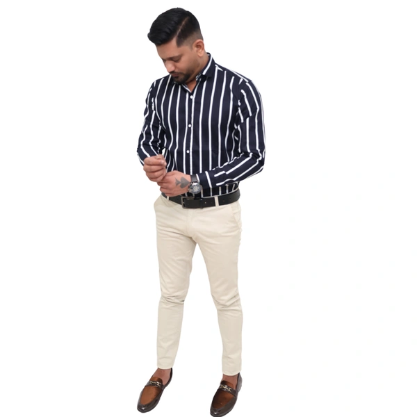 Look Me Apparel Men Navy Blue & White Striped Shirt | Full Sleeve | Slim Fit | Formal & Casual Wear | Cotton Blend - M, Blue
