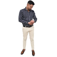 Look Me Apparel Men Navy Blue & White Striped Shirt | Full Sleeve | Slim Fit | Formal & Casual Wear | Cotton Blend - M, Blue