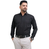 Look Me Apparel Men Solid Black Regular Fit Full Sleeve Cotton Blend Formal Shirt with Spread Collar - XL, Black