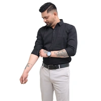 Look Me Apparel Men Solid Black Regular Fit Full Sleeve Cotton Blend Formal Shirt with Spread Collar - XL, Black
