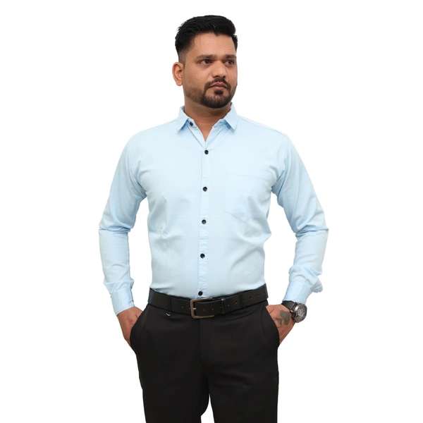 Look Me Apparel Men Solid Blue Regular Fit Full Sleeve Cotton Blend Formal Shirt with Spread Collar - L, Blue