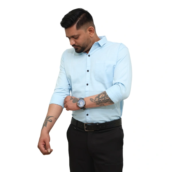 Look Me Apparel Men Solid Blue Regular Fit Full Sleeve Cotton Blend Formal Shirt with Spread Collar - L, Blue
