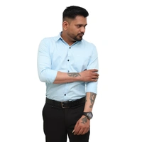 Look Me Apparel Men Solid Blue Regular Fit Full Sleeve Cotton Blend Formal Shirt with Spread Collar - L, Blue
